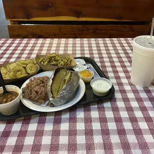 Baked potato w/meat, fried pickles &amp; fried jalapeños