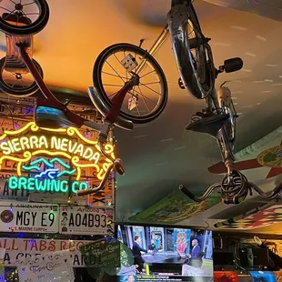 bikes hanging from the ceiling