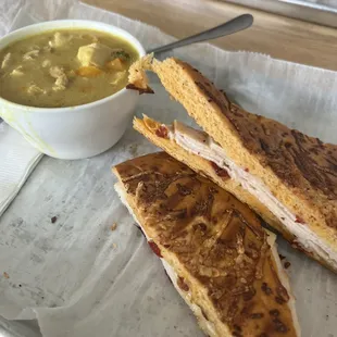 Turkey and Swiss panini with chicken curry soup
