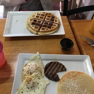 Belgium waffle and below big breakfast