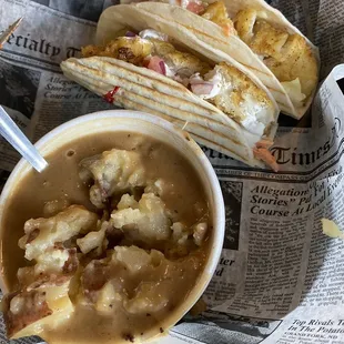 Cod Tacos with side of potatoes and gravy