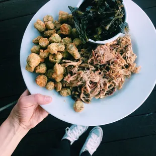 Smoked pork, fried okra, and collard greens--can I get a hell yeah?