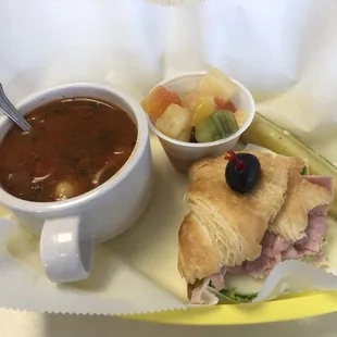 Soup special with half turkey croissant sandwich and fruit cup subbed instead of dessert bar $9