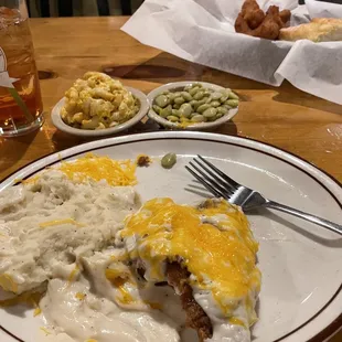 Cisco Chicken with Mash Potatoes, Butter Beans, Mac N Cheese, Hush Puppies, Biscuits and Sweet Tea.