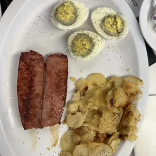 home fries sausage and boiled eggs