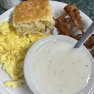Breakfast special, 2 eggs, 3 bacon, biscuits and gravy