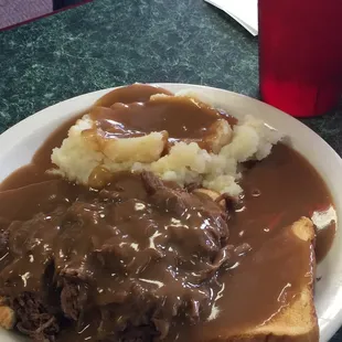 Open Face beef sandwich with homemade mashed potatoes-beef was very tender
