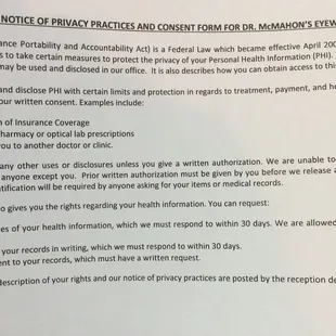 HIPPA Notice of Privacy Practices and Consent Form for Dr. McMahon&apos;s EYEWORLD.