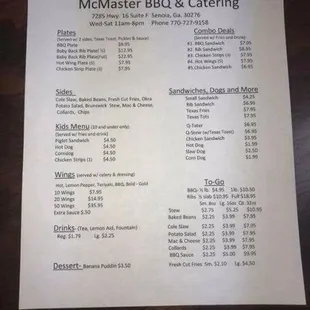 Menu for McMaster BBQ