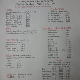 the menu for the restaurant