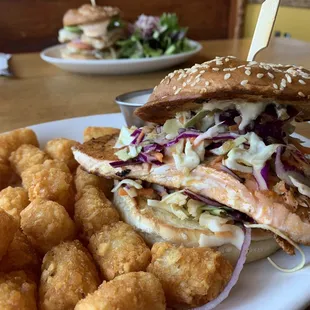 Sake Bomb Salmon Sandwich with regular tots.