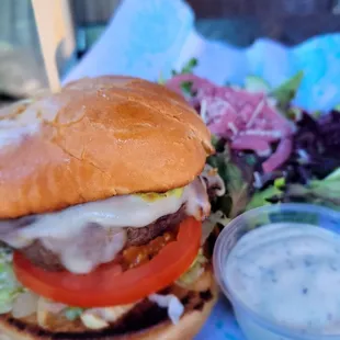 a burger and salad