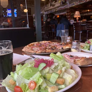 Pizza, salad and beer.