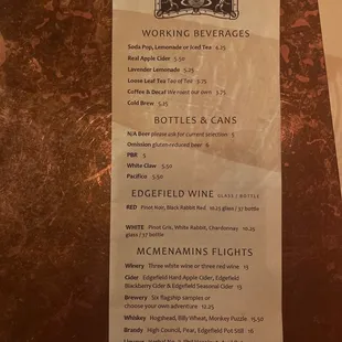 Drink menu