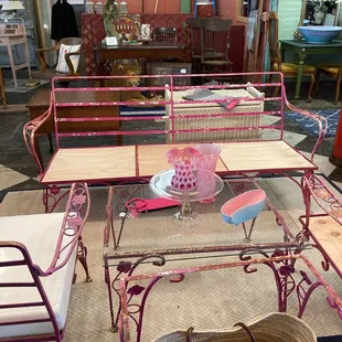 Hot pink patio furniture rod iron bench seat .