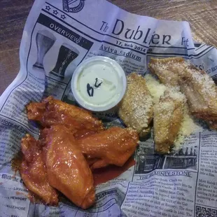 Buffalo wings (left). Garlic Parm (right).