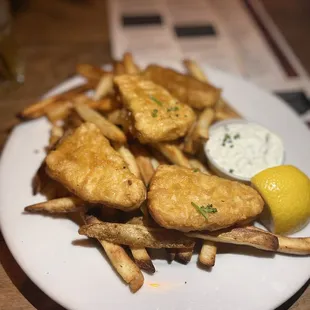 Vegan Fish &amp; Chips $16 (baked fries so they aren&apos;t in shared oil and vegan tarter)