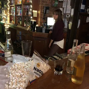 popcorn and beer on a bar