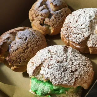 Pandan and ube cream puffs