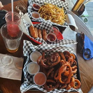 Onion rings, fries &amp; mozzarella sticks
