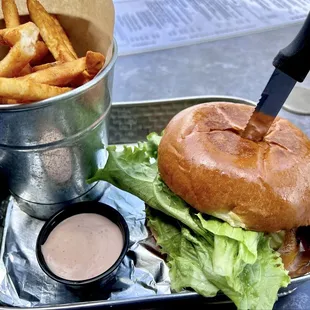 Veggie cheeseburger with fries
