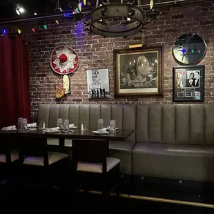 a brick wall and booths