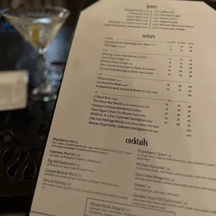 Menu &amp; martini