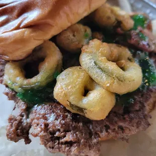 Jalapeño burger. Fried jalapeños, Jalapeño jam, bacon, and cream cheese.