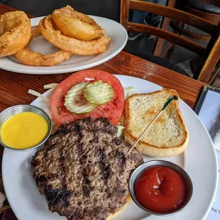 burger and onion rings