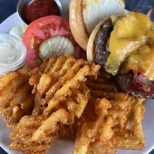 Bacon cheeseburger and waffle fries