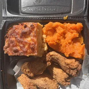 Baked Mac &amp; Cheese, candy yams, extra crispy fried chicken