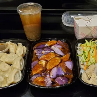 Pork Dumplings with Chives,  Stir-Fried Eggplant,  Liang Pi Cold Skin Noodles,  Green Bean Shake