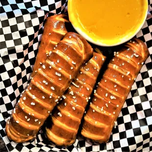 Soft Baked Pretzels served with beer cheese.