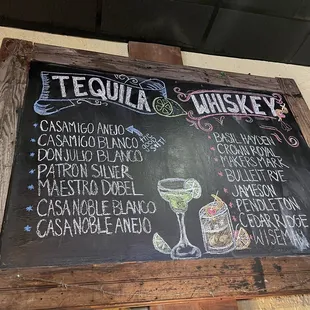Tequila and Whiskey menu
