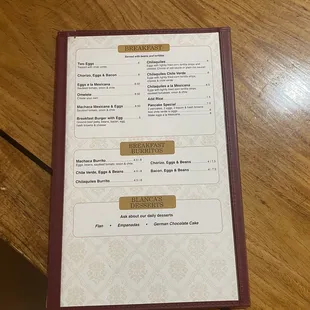 Breakfast menu