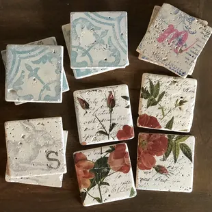 builders' tiles made into coasters...we love iron orchid designs' stamps &amp; transfers.