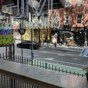 Views with a table and stools.