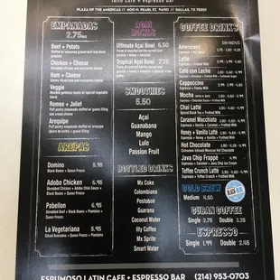 menu for espresso coffee
