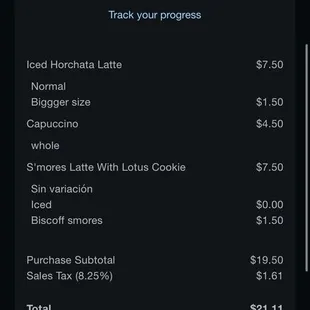 Receipt. $21 for 3 drinks.