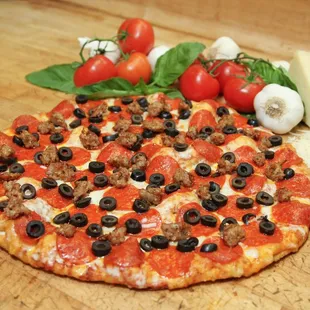 Sausage, pepperoni, and black olives.