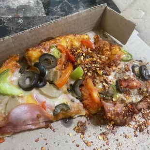 Really good leftovers! Crushed peppers included! =)~