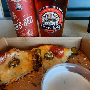 Personal pizza with up to 6 toppings and a Me N Ed&apos;s Red Beer _ best combo!