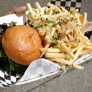 Portabello slider and garlic parmesan fries