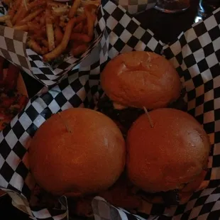 Fries + a trio of sliders.