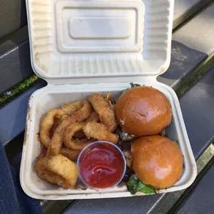 Cali sliders and onion rings both perfect and delicious