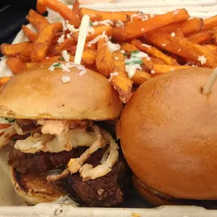 KTM Sliders with parmesan, garlic and parsley Sweet Potato Fries.