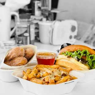 count burger, churros, garlic parmesan fries