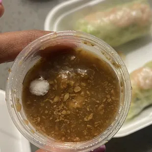 VEGGIE SUMMER ROLLS with fuzzy mold on the sauce!  Tried to call 4x to let them know when I got home but no one would ever answer.