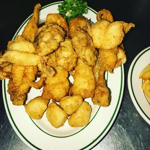 Seafood platter: butterfly shrimp, fish, oysters, and scallops. Comes with two sides big enough To share!