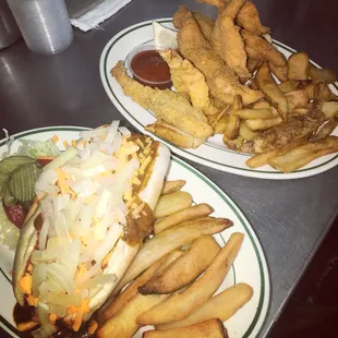Loaded chili dog with fries and chicken and shrimp combo.